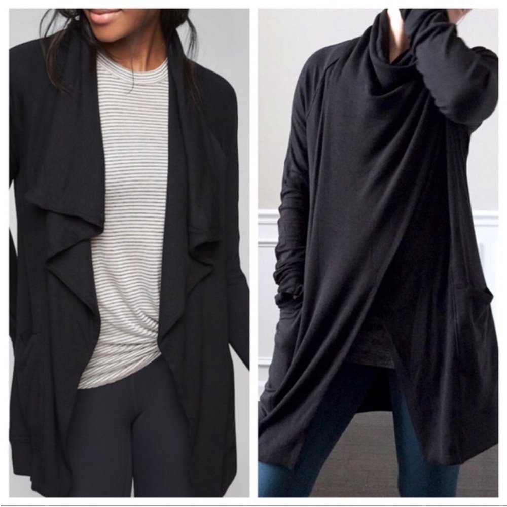 Athleta black studio wrap, waterfall cardigan magnetic closure, size medium